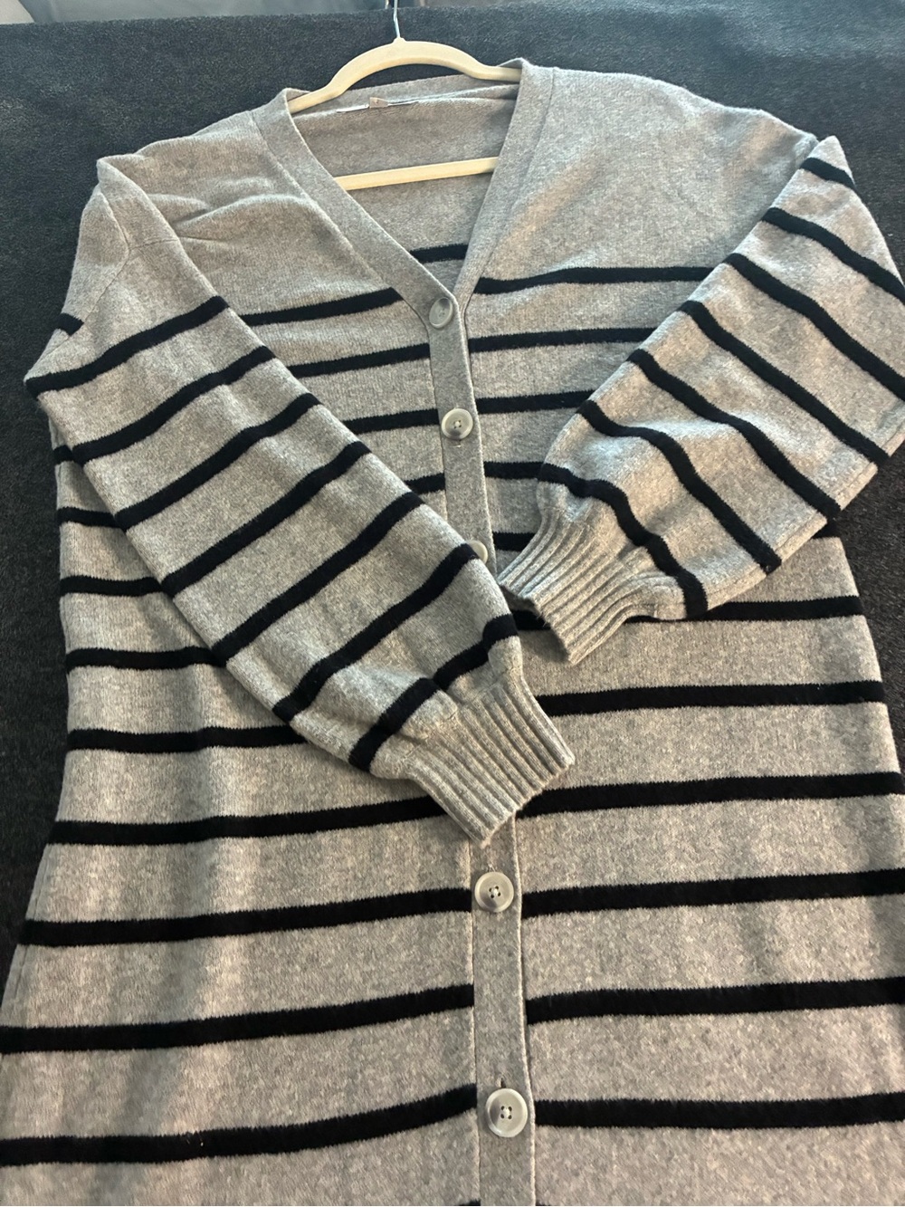 LOFT Gray and Black Striped V-Neck Button Cardigan